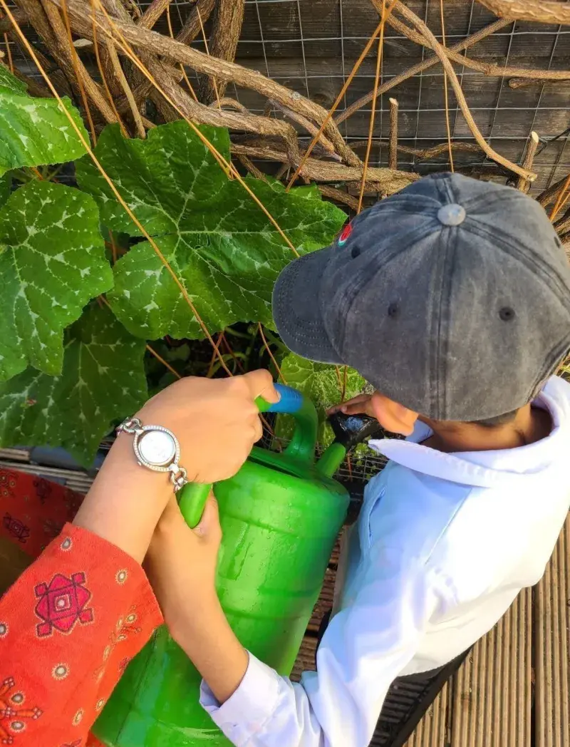 Young boy watering plants